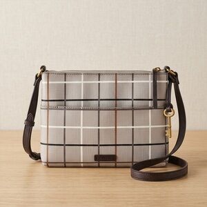 Fossil Plaid Crossbody Shoulder Bag in Taupe and Brown